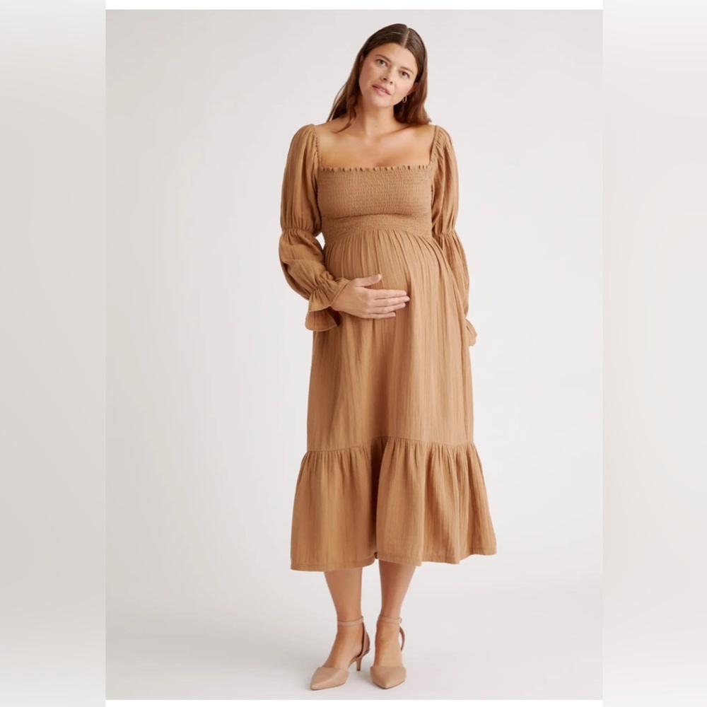 Quince Organic Cotton Gauze Maternity Smocked Ruffle Hem Midi Dress